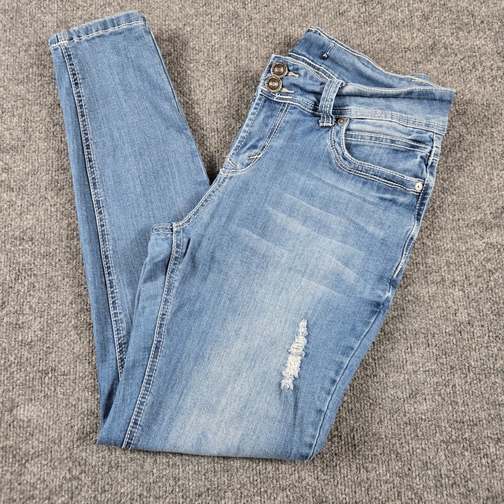 WallFlower Skinny Jean Womens 32 Blue Y2K vintage look Distressed Double Buttonn